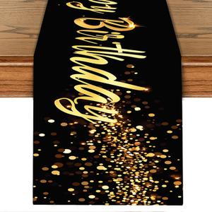 Elegant Black and Gold Happy Birthday Table Runner  13x72 Inch Birthday Table Decor with Glitter Design, Modern Party Decoration for Dining Table, Buffet, or Celebration Setup (71)