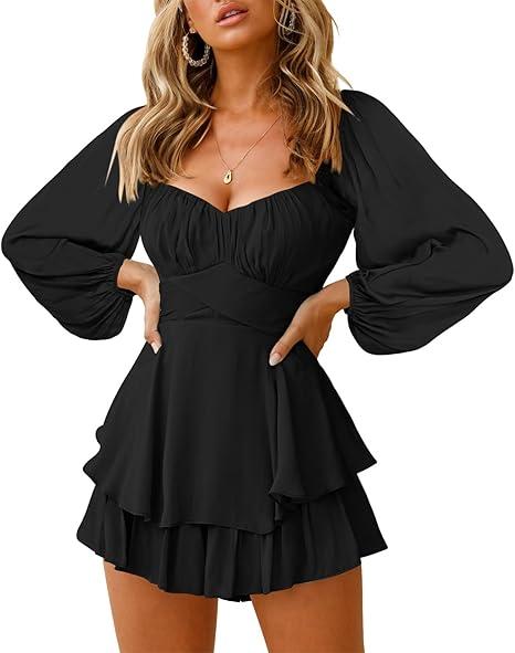 Fixmatti Women off Shoulder Rompers Lantern Long Sleeve Ruffle Tie Mini Shorts Jumpsuit XL