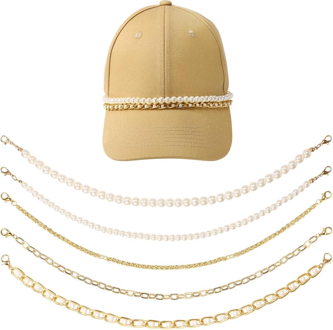 5pcs Trucker Hat Chains, 5 Styles Metal/Pearl Chains Detachable Hat Chain Baseball Cap Chains Trucker Hat Charms Accessories for Women Men DIY Mesh Baseball Cap Netback Cap