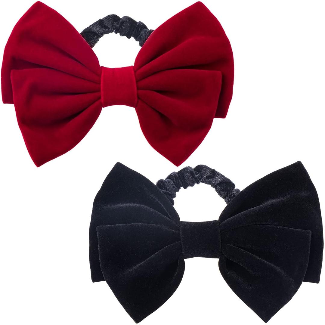 PAGOW 2Pcs Velvet Scrunchies Hair Elastic, Large Bowknot Velvet Hair Ties, Black Red Hair Satin Bow Ties Hair Ponytail Holders Accessories for Girls Women Ladies