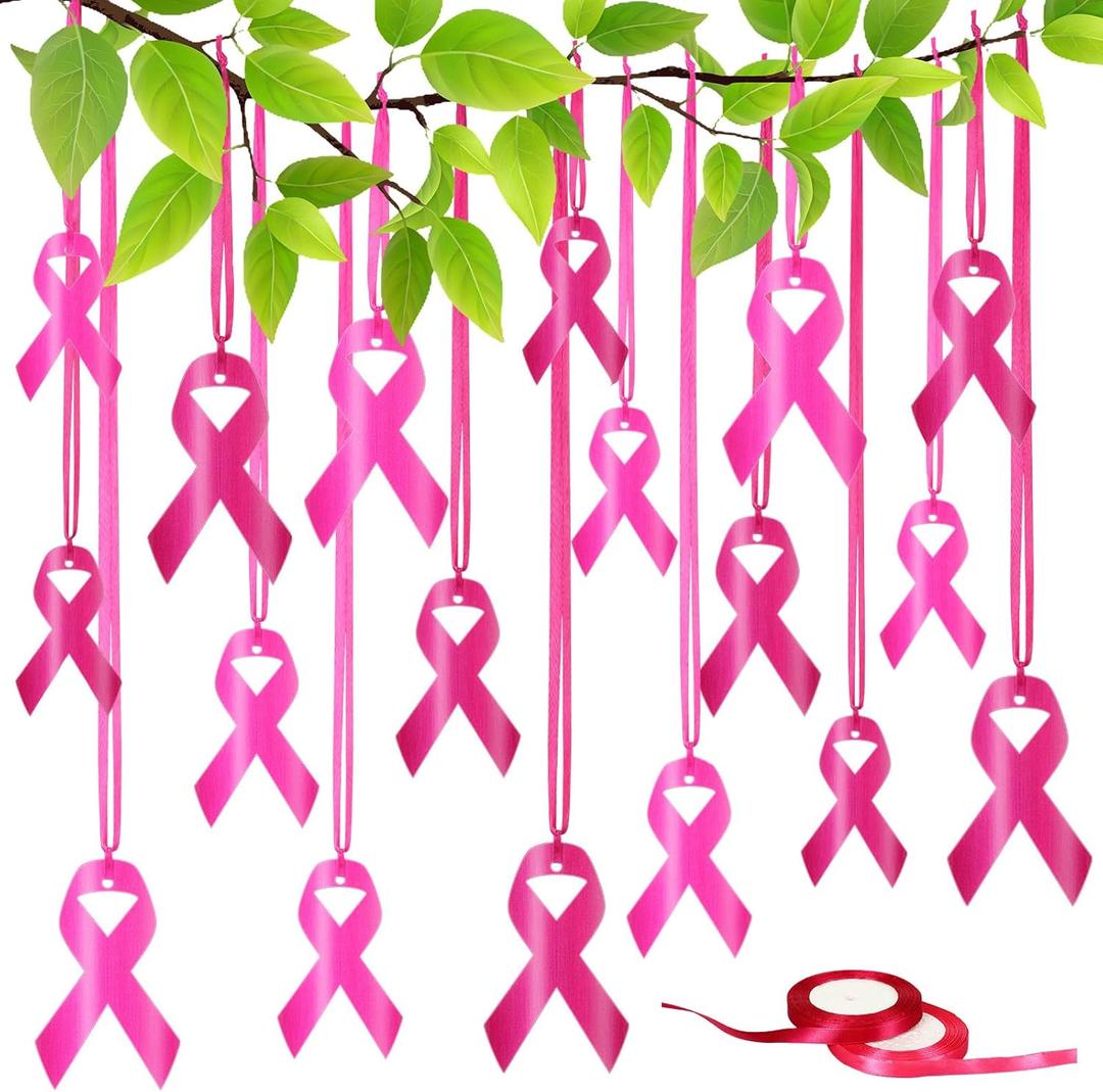 Unittype 18 Pack Pink Ribbon Breast Cancer Awareness Decorations with 2 Rolls 24 yd Ribbon Large Breast Cancer Hanging Ornaments Signs for Women Girls Yard Outdoor Charity Public Party Supplies