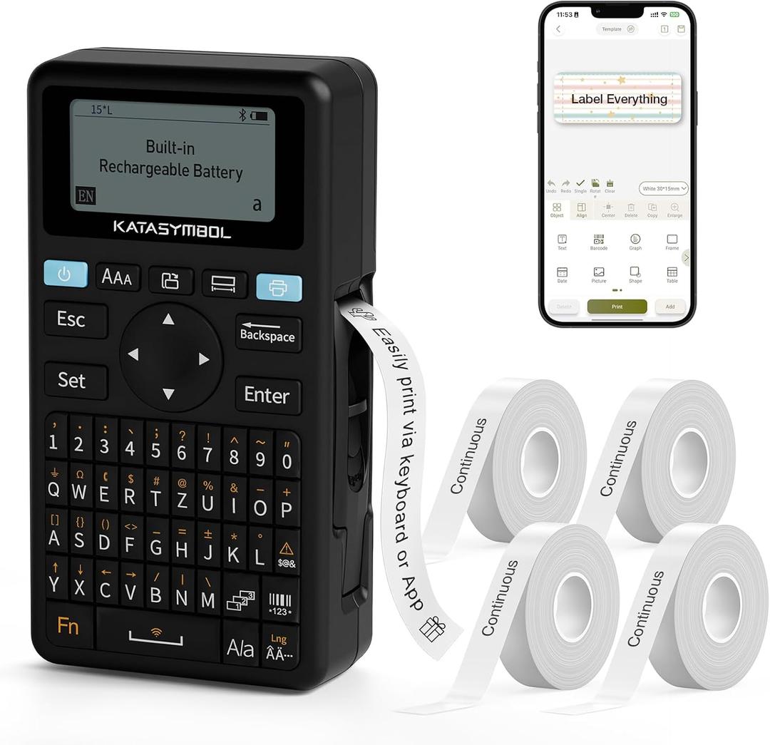 SUPVAN E11 Bluetooth Label Maker Machine with 4 Tapes, Support Keyboard & App with 30+ Fonts and 660+ Icons, Rechargeable Inkless Labeler for Home, Kitchen, Office, School, Organization, Black