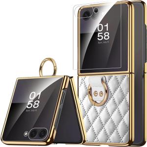 Miimall for Samsung Flip 7 Phone Heavy Duty Case, Screen Protector & Ring Military Grade Anti-Fingerprint Shockproof Dropproof Women Protective Fundas para Case for Galaxy Z Flip 7 2025 Cover, White