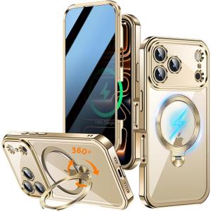 [360 Rotatable CD Stand & Built-in Privacy Screen Magnetic Case for iPhone 17 Pro Max[Compatible with MagSafe&Full Signal] Mil-Grade Shockproof Full Body Anti-Spy Cover for 17 Pro Max-Gold
