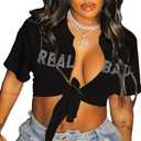 Zoyami Womens Sexy Tie Front Crop Top Tie Dye Summer Short Los Angeles Sleeve Graphic Tee Shirt Clubwear Letter RB Black Extra Large 