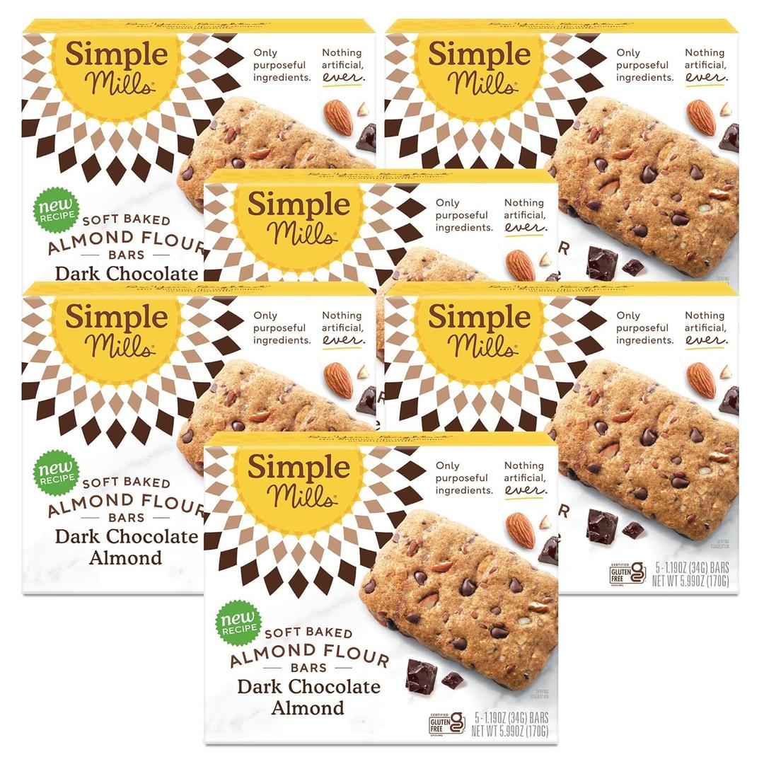Simple Mills Almond Flour Snack Bars, Dark Chocolate Almond - Gluten Free, Made with Organic Coconut Oil, Breakfast Bars, Healthy Snacks, Paleo Friendly, 6 Ounce (Pack of 6), EXP 07/22/2025