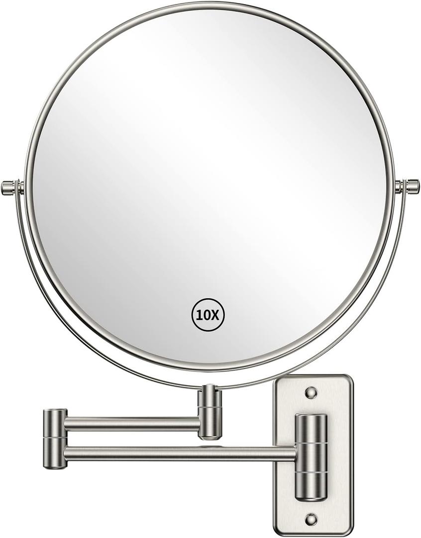 Benbilry 9" Large Size Wall Mounted Makeup Vanity Mirror, 1X/10X Magnifying Double Sided Shaving Mirror for Bathroom, 360 Swivel Extendable Arm, Nickel Finish (Nickel-no Led)