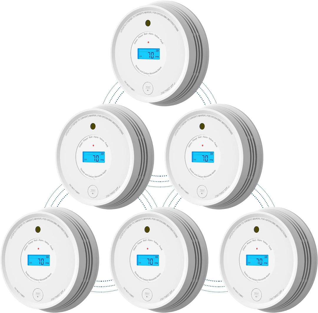 AEGISLINK Smoke Carbon Monoxide Detector, Interlinked Combination Smoke CO Alarm, Battery Powered, Wireless Interconnected, Digital Display, SC-RF220, 6-Pack