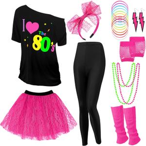 Vabean 19 Pcs 80s Costume Set T Shirt Leggings Tutu Skirt Headband Necklace Bracelets Earrings Gloves Leg Warmers for Women, XXL