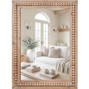 H HOMEWINS Rustic Rectangle Mirror,24x36 Wooden Farmhouse Mirrors,Boho Bathroom Wall-Mounted Nature Beads Decor Mirror for Bedroom, Living Room,Vanity,Entryway,Over Sink