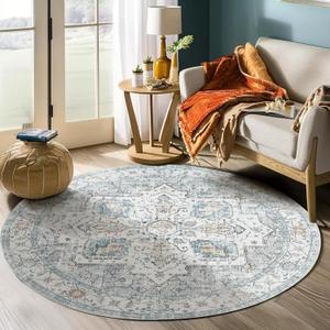 jinchan Round Rug 6ft Area Rug - Machine Washable 6'Circle Vintage Floral Non-Slip with Rubber Backing Ultra-Thin Low-Pile Carpet for Bedroom Living Room Dining Room Entryway (6'Round,Grey/Blue)