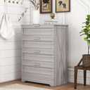 FTZxHKLX Farmhouse 4 Drawer Dresser for Bedroom, Tall Bedroom Dresser with Large Drawer & Silver Handles, Wooden Storage Organizer Cabinet Chest of Drawer for Closet, Living Room, Hallway, Wash Grey