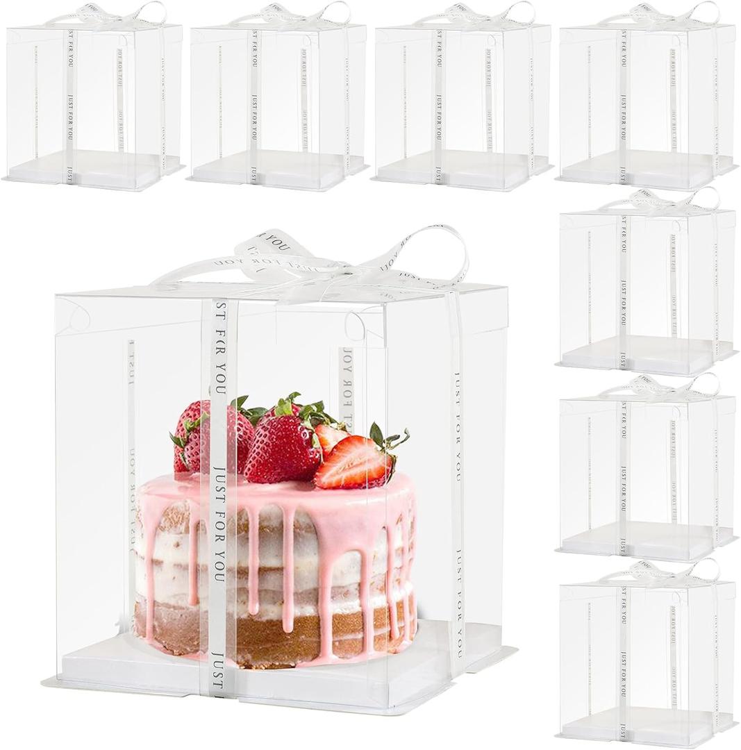 CHENZEM cake box-8 * 8 * 9inch/8pcs, Clear Display Gift Boxes with RibbonStackable Food Storage Containers for Pastry (Clear, 8 * 8 * 9 inch/8pcs)