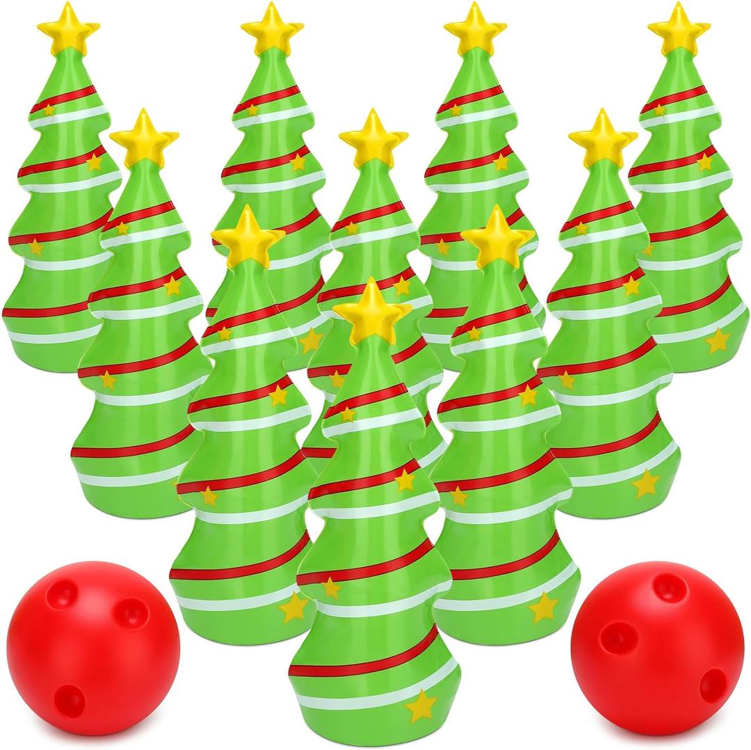 Ceenna 12 Pcs Christmas Bowling Set Inflatable Christmas Tree Bowling Set Christmas Games for Family, Include 10 Christmas Tree Pins and 2 Balls
