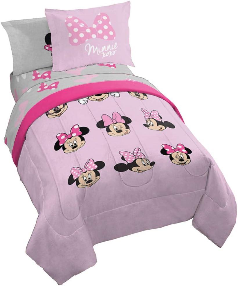 Dinsey Minnie Mouse Faces 5 Piece Twin Bed Set - Includes Reversible Comforter & Sheet Set Bedding - Super Soft Fade Resistant Microfiber - (Official Dinsey Product)