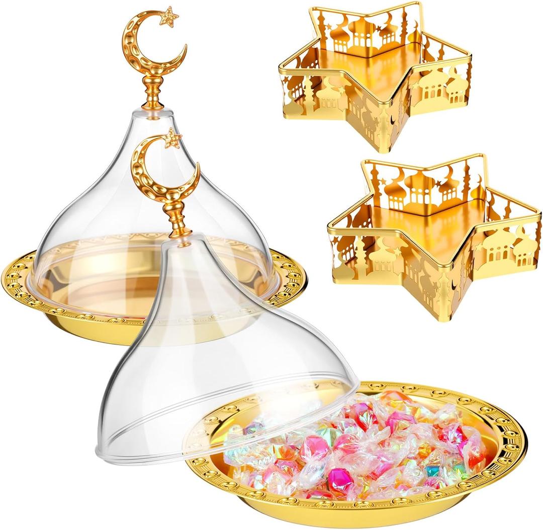 3 Pcs Ramadan Serving Trays Decoration, 1 Gold Round Tray with Acrylic Dome & 2 Star Shaped Trays, Eid Mubarak Metal Plate Dish for Dessert Display Holder Islam Muslim Home Party Table Decor