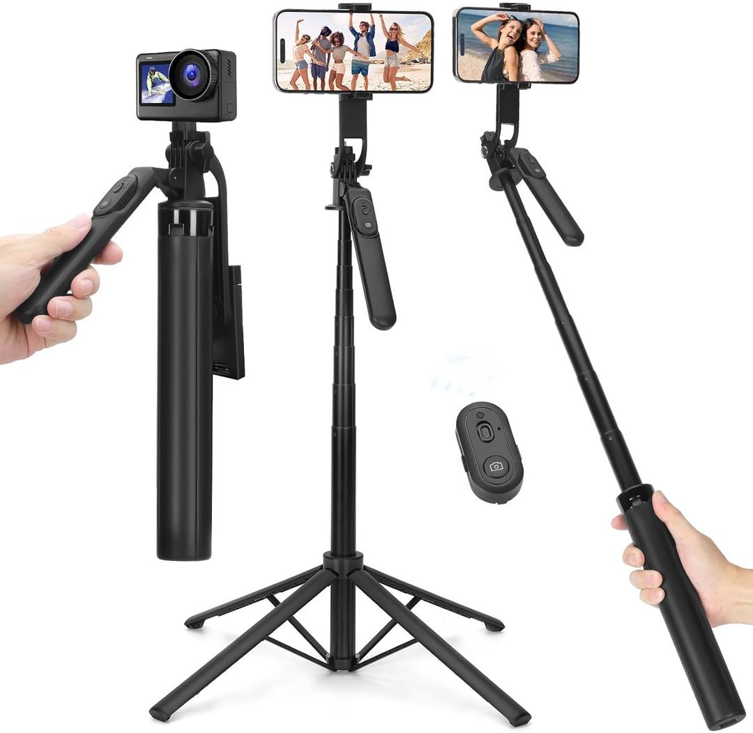 70inch Selfie Stick Phone Tripod with Rechargeable Remote,Portable Extendable 3 in 1 Cell Phone Tripod Stand for Video Recording,Travel Selfie Stick for iPhone and Android