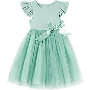 Toddler Girls Ruffle Sleeve Tulle Dress Elastic Waist Bow Kid Casual Sundress, 130