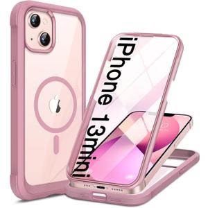 Miracase for iPhone 13 mini Case 5.4",Full-Body Protection,Clear Bumper Case with Built-in 9H Tempered Glass Screen Protector,Military-Grade Drop Protection Outdoor Phone Case for 13 mini,Dark Pink