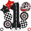 Race Car 1 Balloons, 40 Inch Racetrack Number 1 Balloon, Large Foil Mylar Racetrack Black 1 Balloon for 1st First Birthday Race Car Themed Party Decoration