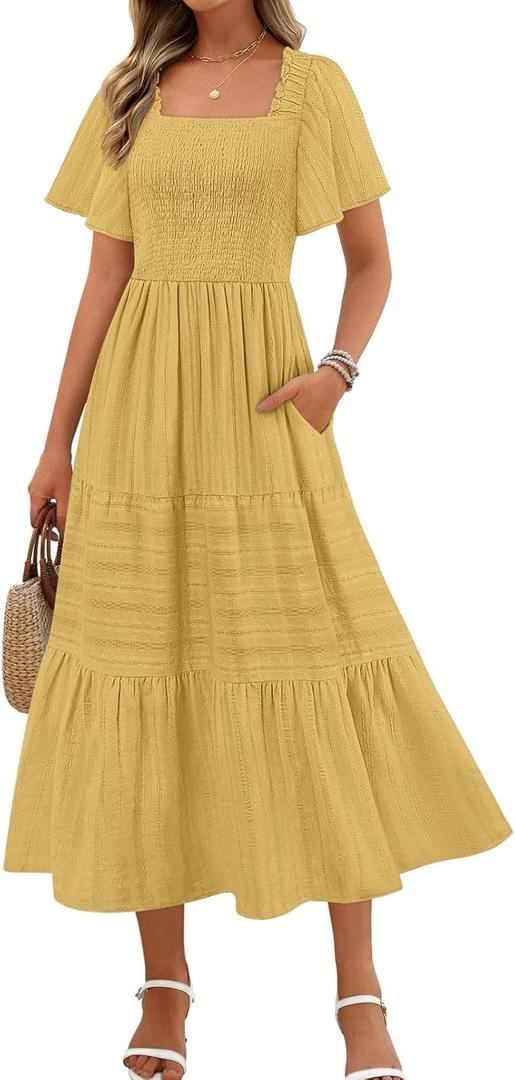 MEROKEETY Women's 2026 Summer Flowy Midi Maxi Dress Short Sleeve Square Neck Smocked Tiered Ruffle Boho Dresses with Pockets (Yellow, S)