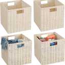 TAIMEI&G02 12x12x12inch Plastic Wicker Cube Baskets Large Square Foldable Handwoven Laundry Organizer Set of 4, lvory
