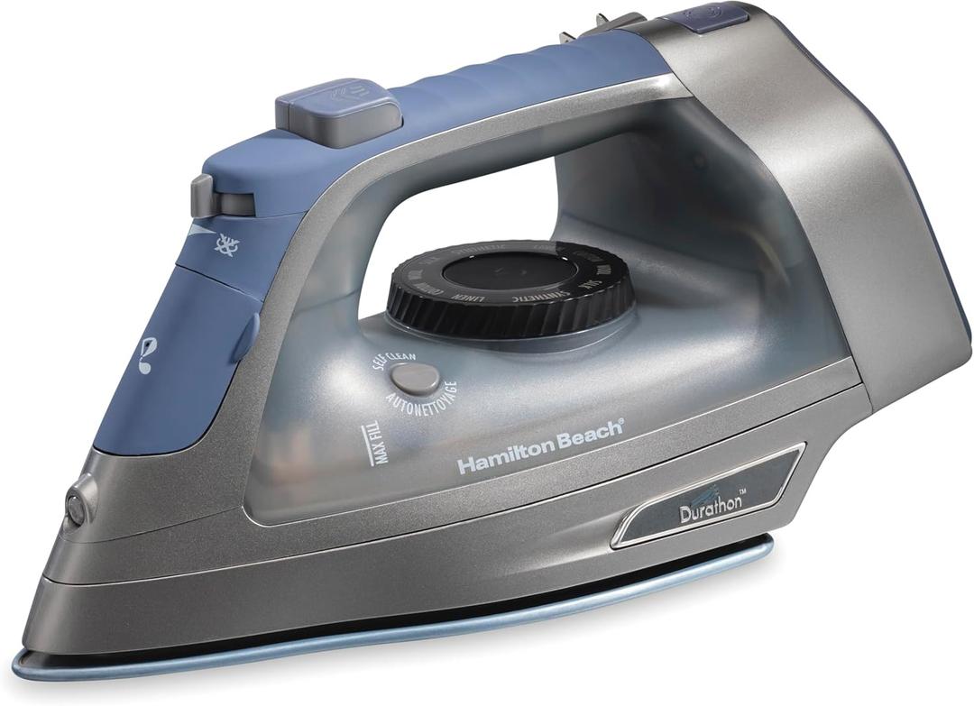 Hamilton Beach Steam Iron & Vertical Steamer for Clothes with Scratch-Resistant Durathon Soleplate, 8' Retractable Cord, 3-Way Auto Shutoff, Anti-Drip, 1800 Watts, Silver and Blue