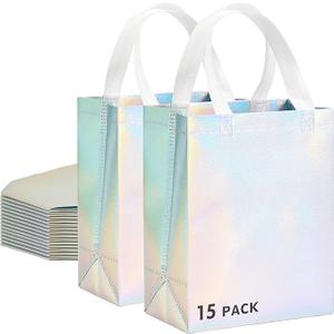 RACETOP 15 Pcs Iridescent Glossy Gift Bags Medium Size, 8x4x10 Inch Holographic Reusable Gift Bags with Handles, Ideal for Birthday, Wedding, Bachelorette, Party Favors, Holiday Goodie