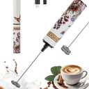 INFOOD Rechargeable Milk Frother with Cover, 2-Speed, 2 Whisks, Floral | Stainless Steel Body and 2 Detachable Whisks, Floral Design, for Lattes, Cappuccinos, Hot Chocolate, and Egg Whites