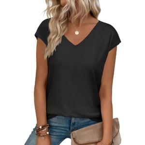 Womens Summer Tops Short Cap Sleeve Shirts V Neck Basic Tees Casual Fashion T Shirts (XXL, Black)