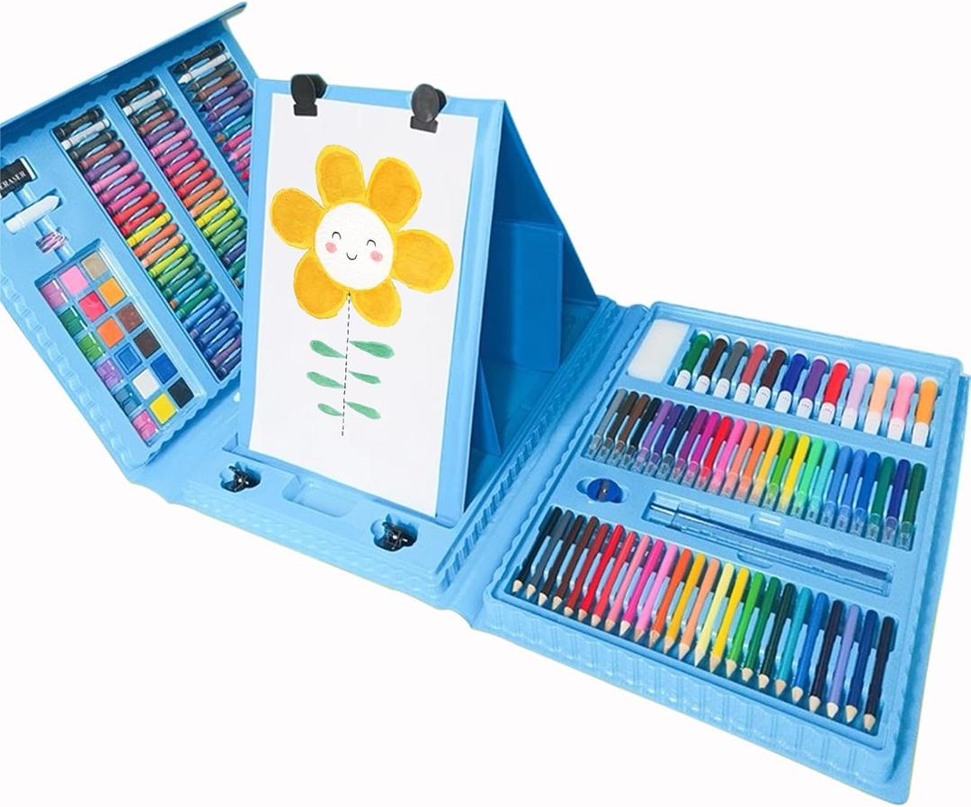 DLUCKY 208 PCS Art Supplies, Drawing Art Kit for Adults Art Set with Double Sided Trifold Easel, Oil Pastels, Crayons, Colored Pencils, Watercolor Pens Gift for Girls Boys Artist,Blue