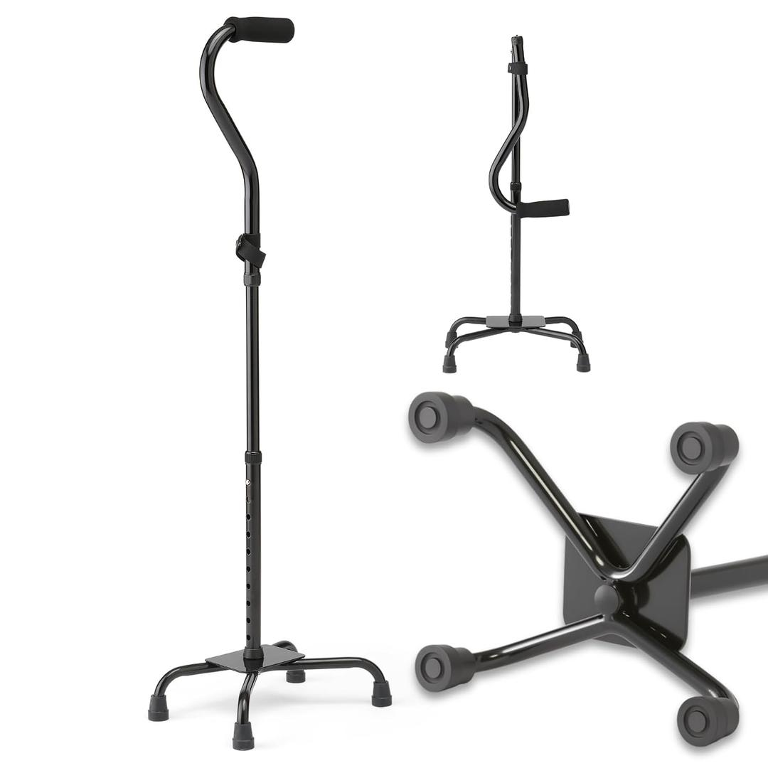 Medline Folding Quad Cane, Large Base, Quad Base for Greater Stability, Skid-Resistant Rubber Tips, Lightweight Aluminum, Black