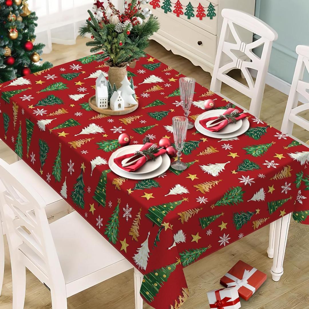 Christmas Tree Red Rectangle Tablecloth 60 x 84 Inches, Xmas Pine Trees Snowflake Stars Decorative Dining Table Cloth, Winter Holiday Farmhouse Dinner Tablecover Picnic Party Decoration