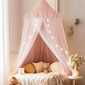 Little Dove Bed Canopy with Star Lights, Double Layer Canopy for Bed, Princess Play Tent for Girls Room, Breathable Bed Curtain for Children Reading Nook, Machine Washable, 25.6''x106'', Pink