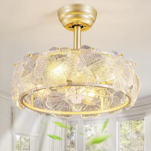 Gold Crystal Fandelier Ceiling Fan with Light, Modern Caged Chandelier Ceiling Fans with Lights Remote Control,Mid Century 6 Speeds for Kids Bedroom, Living Room, Nursery