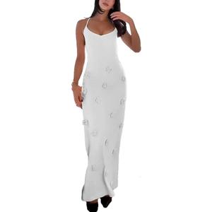 Women's Knit Maxi Dress Spaghetti Strap Floral Dresses Bodycon Knitted Beach Long Dress Backless Swim Cover up Dresses, Whit