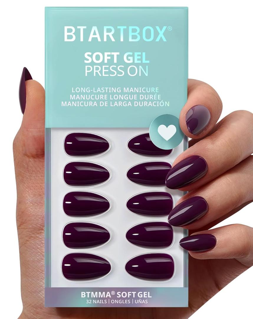 BTArtbox Press On Nails Short - Poison Potion, Dark Purple Almond Press On Nails with Glue for Women, Winter Opaque Soft Gel Glue On Nails in 16 Sizes - 32 Stick On Nails Kit