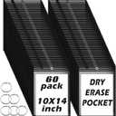 60 Packs Dry-Erase Pockets Bulk Oversized Reusable Dry Erase Pocket Sleeves with 4 Rings, 10x14 Black Ticket Holders, Clear Plastic Sheet Protectors, Teacher School Classroom Supplies