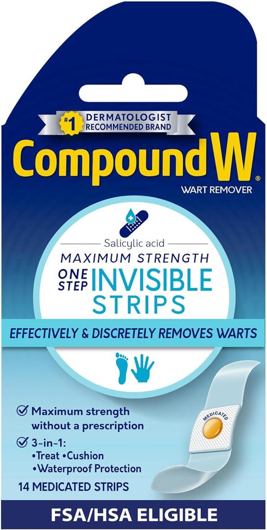 Compound W Maximum Strength One Step Invisible Wart Remover Strips, 14 Count