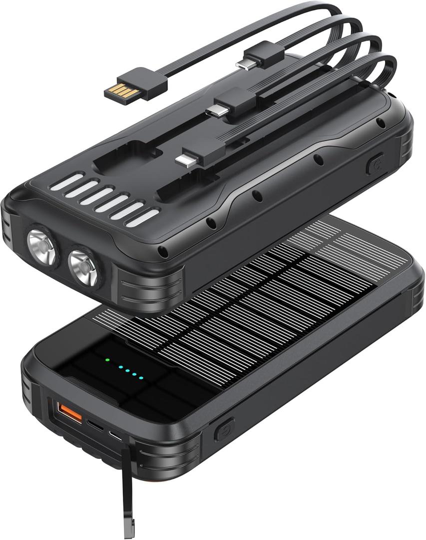 Solar Charger Power Bank, 40000mAh Portable Charger PD 20W Fast Charging Solar Power Bank Built in 4 Cables and USB-C in/Output, Camping Essentials External Battery Pack with Flashlights