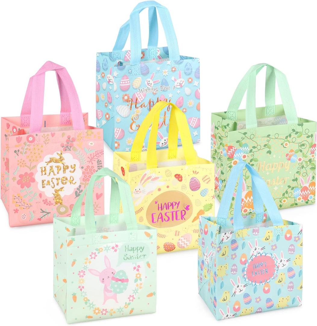 PARSUP Happy Easter Egg Hunt Bags Bunny Chick Egg Gift Treat Foil Non-Woven Bags with Handles for Gifts Wrapping, Egg Hunt, Easter Party Supplies, 8.3×7.9×5.9inch
