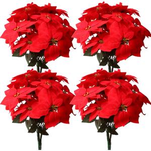 8 Pack Bulk Christmas Artificial Poinsettia Flowers Stem Bouquets Outdoors with 40pcs 8.2 Inch Red Poinsettia Flowers Heads for Christmas Tree, Xmas Garland, Vase, Window Box, Porch Decorations