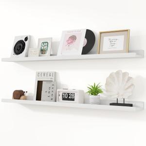 Floating Shelves for Wall, 48 inch Solid Wood Picture Ledge Shelf for Wall Storage, Nursery Book Shelves with Lip for Living Room Bathroom Bedroom Kitchen, Set of 2, Washed White (48inch, Set of 2)
