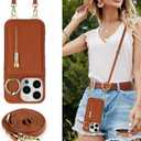 Crossbody Wallet Case for iPhone 15 Pro Max with Lanyard Strap Card Slot Holder RFID Blocking Ring Kickstand,Magnetic Flip Folio Zipper Purse Case, PU Leather Cover Handbag,Brown