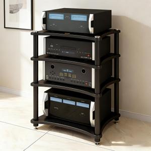 Heavy Duty Audio Component Rack, Large Storage Space AV Media Stand with Shock-Absorbing Foot pegs, Audio Rack Tower CD Player Stand for Home/Office/Audio Video/Theater (Black, 4th)
