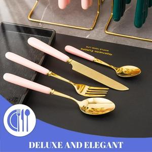 24-Piece Gold Flatware Set Handles – Stainless Steel Silverware Cutlery Set for 6 with Holder, Elegant Tableware for Home, Kitchen & Restaurant (White)
