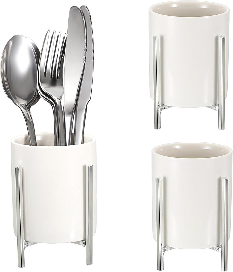 JUXYES Pack of 3 Ceramic Silverware Holder For Party Table, White Cutlery Holder Holder With Silver Metal Bracket, Small Flatware Caddy Organizer Utensil Holder Organizer for Kitchen Dining Tables