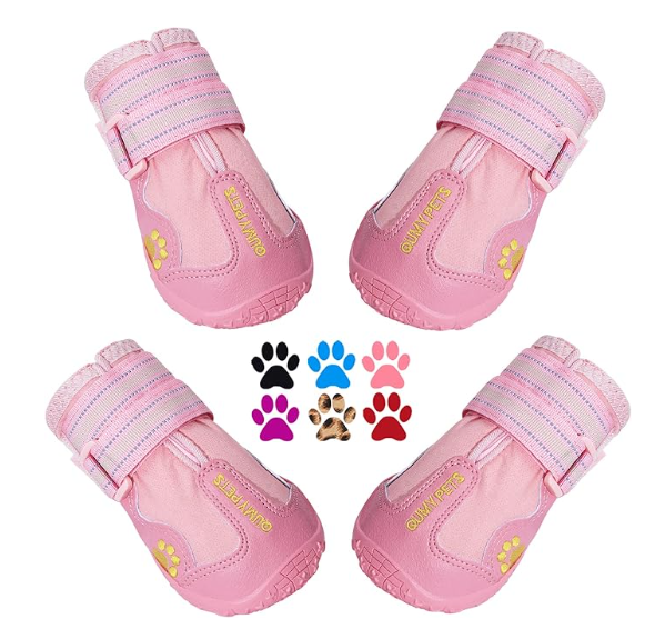 QUMY Dog Boots Waterproof Shoes for Dog with Reflective Strap Rugged Anti-Slip Sole 4pc (Size 3: 2.5"x1.9"(L*W), C-Pink)