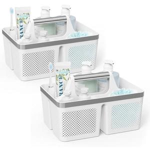 BYUNER 2Pack Shower Caddy Dorm: Portable Bathroom Caddy Organizer with Handle and Holes, Plastic Cleaning Caddy, Hard Shower Basket Storage Tote for Toiletry, College Dorm Room Essentials White/Silver
