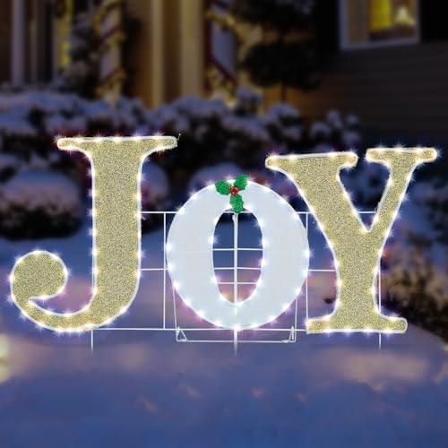 Outdoor Christmas Joy Nativity Decoration Christmas Lighted Joy with Holly Berries Pre-Lit 129 LED Lights Deacoration for Xmas Home Pathway Lawn Party Display